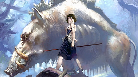 kvinna och vildsvin målning, Studio Ghibli, prinsessa Mononoke, anime, animeflickor, HD tapet HD wallpaper
