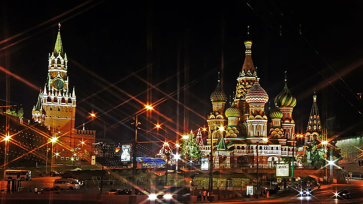 moscow, russia, cathedral, night, lights, city, HD wallpaper