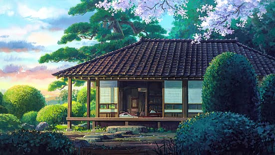 Ветер крепчает, анимационные фильмы, кадры из фильмов, аниме, анимация, Studio Ghibli, Хаяо Миядзаки, дом, небо, вишневые деревья, HD обои HD wallpaper