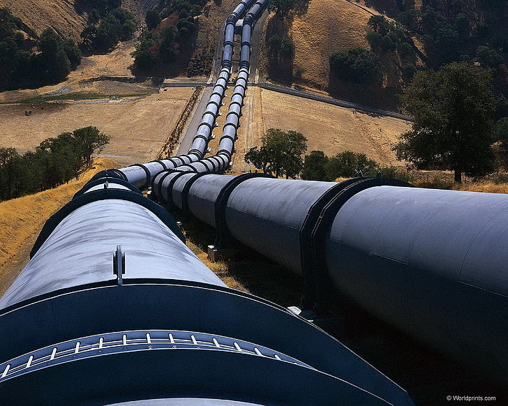 two gray pipes, pipeline, hills, HD wallpaper