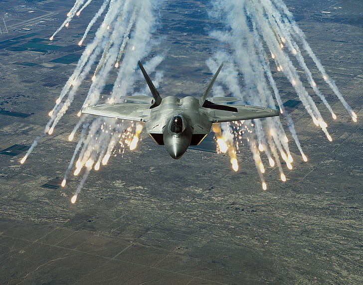 F22-Raptor, flares, aeronaves militares, HD papel de parede