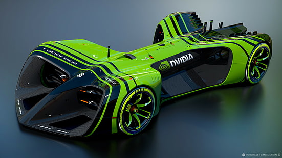 зелено-черный концепт-кар Nvidia, Roborace NVidia, автомобили будущего, сезон Формулы E, электромобили, Даниэль Симон, HD обои HD wallpaper