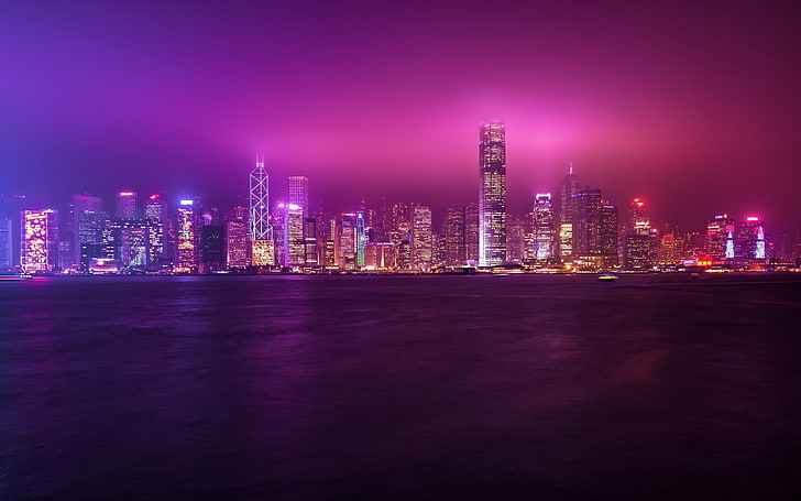 Cityscape Building Lights Sea Victoria Harbour Hong Kong Hd