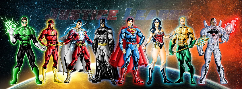 كاريكاتير ، Justice League ، Aquaman ، Batman ، Captain Marvel ، Cyborg (DC Comics) ، DC Comics ، Flash ، Green Lantern ، Shazam (DC Comics) ، Superhero ، Superman ، Wonder Woman، خلفية HD HD wallpaper