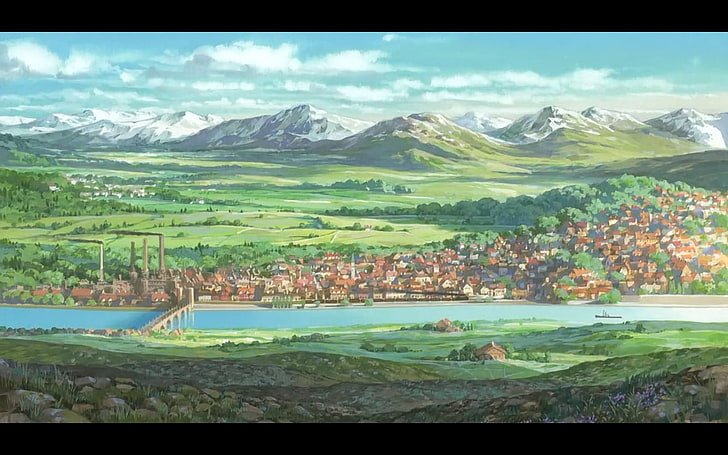 domy nad rzeką malarstwo, animacja, grafika, fantasy art, Ruchomy zamek Hauru, Studio Ghibli, Hayao Miyazaki, anime, Tapety HD