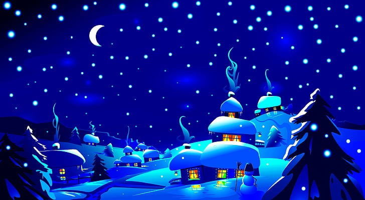winter, forest, the sky, snow, trees, snowflakes, night, lights, blue, the moon, home, vector, a month, village, the snow, snowman, HD wallpaper
