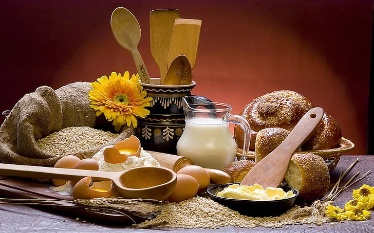 brown wooden ladles and clear glass pitcher, batch, bread, flour, eggs, groats, milk, decanter, HD wallpaper