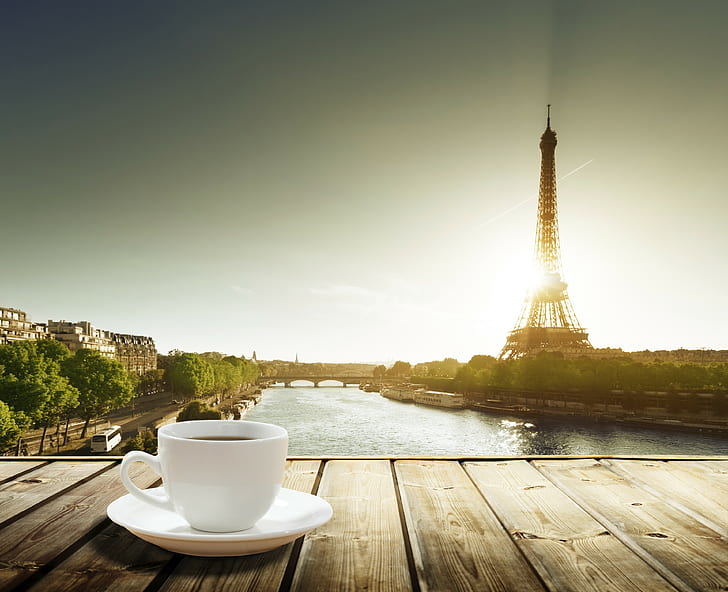 Cup of coffee, The Eiffel Tower, white tea cup and eiffel tower, France, cup, coffee table, cup of coffee, the Eiffel Tower, HD wallpaper