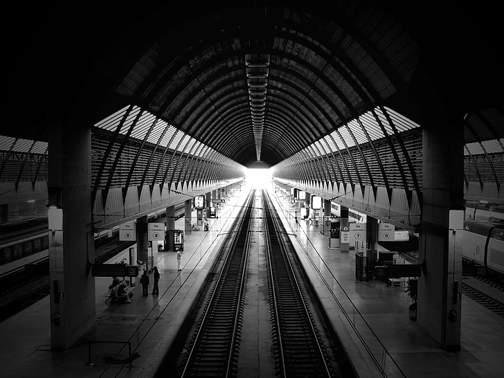 architecture, black and white, railroad, railway, station, train station, tunnel, HD wallpaper