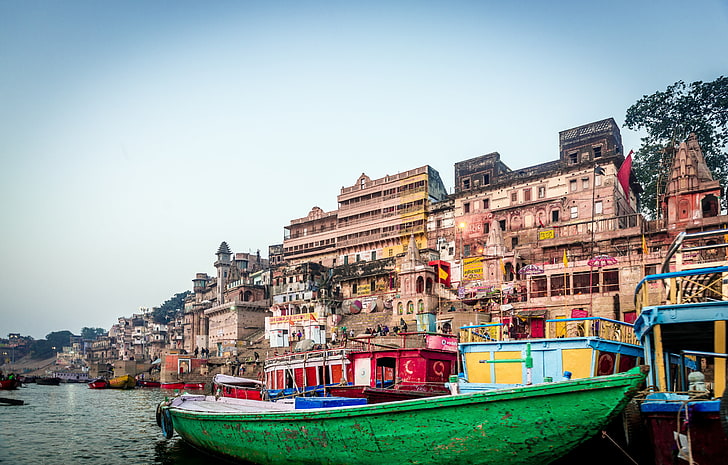 Barco, India, Ganges, Varanasi, el río Ganges, río Ganges, Fondo de pantalla HD