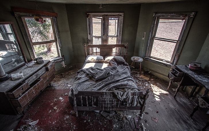 clear glass sash windows, interior, HDR, bed, room, abandoned, window, HD wallpaper