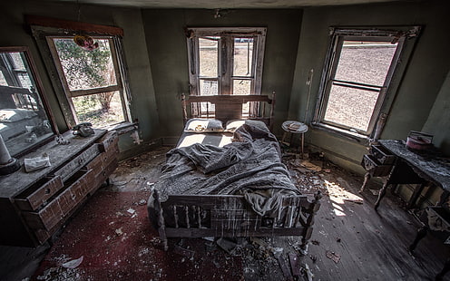 clear glass sash windows, interior, HDR, bed, room, abandoned, window, HD wallpaper HD wallpaper