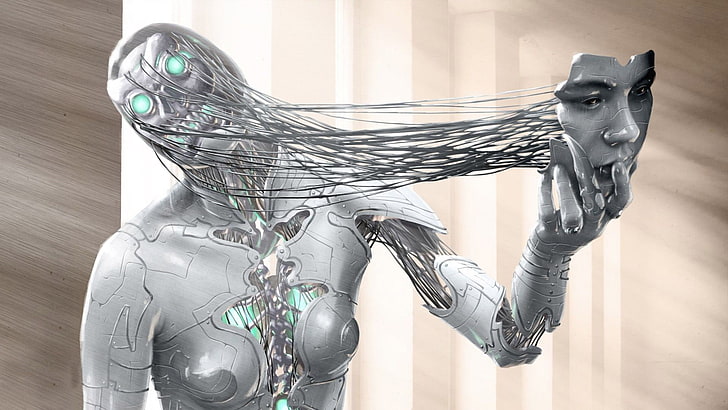 робот илюстрация, цифрово изкуство, жени, произведения на изкуството, 3D, лице, робот, киборг, череп, метал, жици, CGI, HD тапет