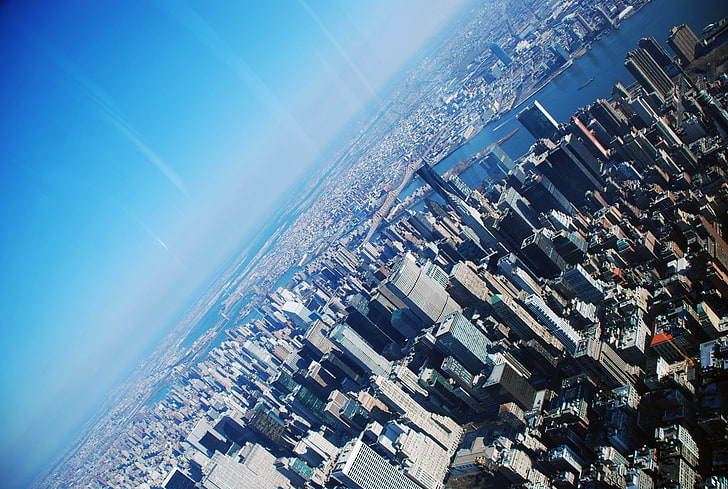 水域、アメリカ、ニューヨーク、スカイスクリーパー、スカイスクレイパーの横にある都市の空中写真、 HDデスクトップの壁紙
