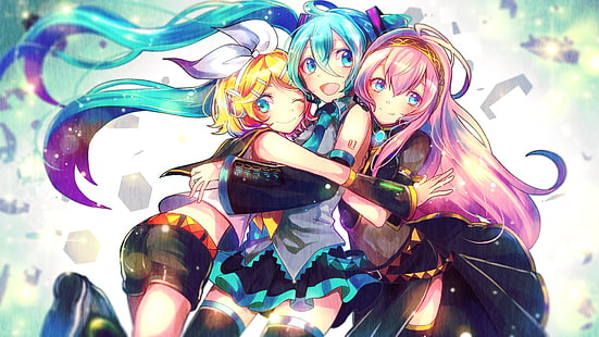 Tapete mit drei Mädchencharakteren, Anime-Mädchen, Megurine Luka, Vocaloid, Hatsune Miku, Kagamine Rin, HD-Hintergrundbild HD wallpaper