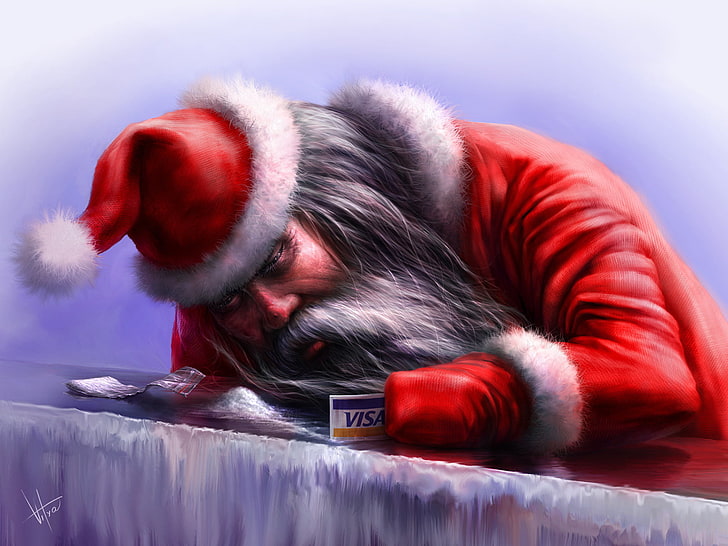 Hombre barbudo con ilustración de tarjeta de visa, invierno, rojo, Santa, visa, Fondo de pantalla HD