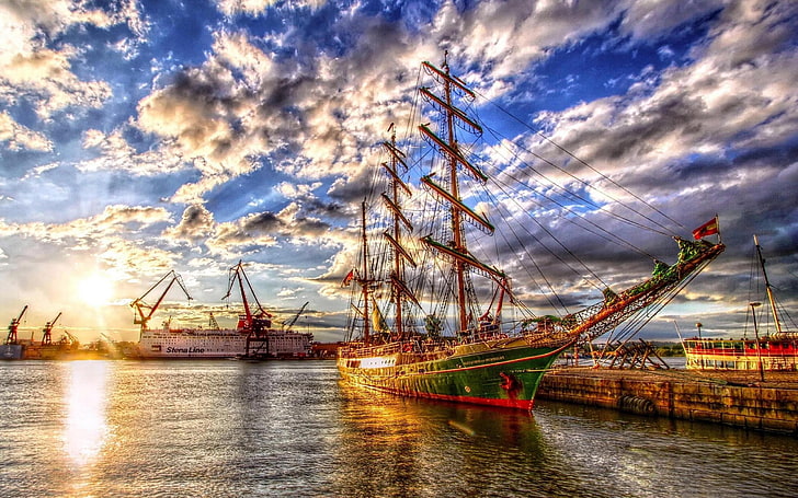 green and brown galleon, sailing ship, HDR, ship, HD wallpaper