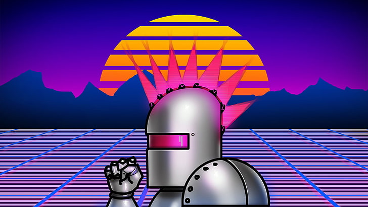 灰色の騎士の図、ネオンレイザーモホーク、1980年代、レトロゲーム、ロボット、グリッド、デジタルアート、日没、太陽、カラフルです、 HDデスクトップの壁紙