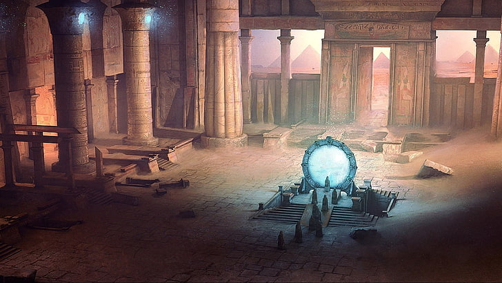 two white and black wooden table, Stargate, artwork, ancient, ruins, Egypt, HD wallpaper