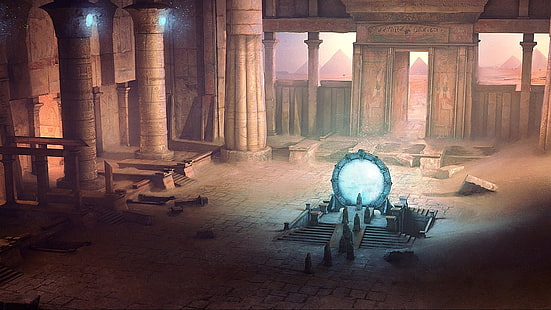 Dos mesa de madera blanca y negra, Stargate, obras de arte, antiguas ruinas, Egipto, Fondo de pantalla HD HD wallpaper