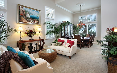 kursi empuk putih dengan dua bantal merah, interior, desain, gaya, rumah, rumah, ruang tamu, Wallpaper HD HD wallpaper