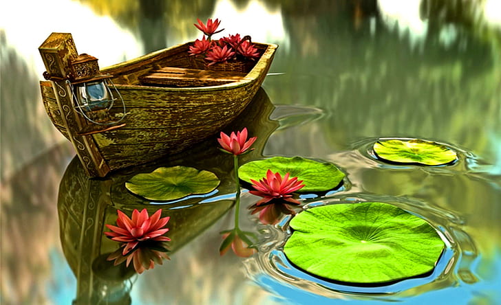 Лодка в езерце с водни лилии, спокойно, подложки за лилии, лилии, вода, водни лилии, лодка, спокойствие, езерце с лилии, отражение, дървено, нату, HD тапет
