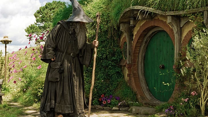 The Lord of the Rings: The Fellowship of the Ring, Gandalf, movies, film stills, Ian McKellen, door, The Shire, wizard's hat, staff, HD wallpaper