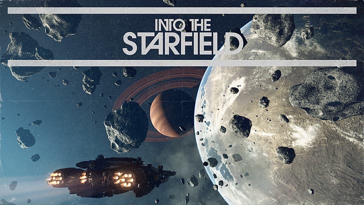 Starfield (видео игра), видео игри, кораб, космически кораб, астероид, планета, пръстени, Xbox, xbox series x, Bethesda Softworks, HD тапет