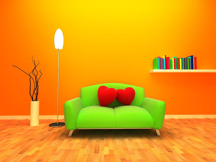 zielona wyściełana sofa 2-osobowa, sofa, serduszko, pokój, grafika 3d, pomarańczowe tło, Tapety HD
