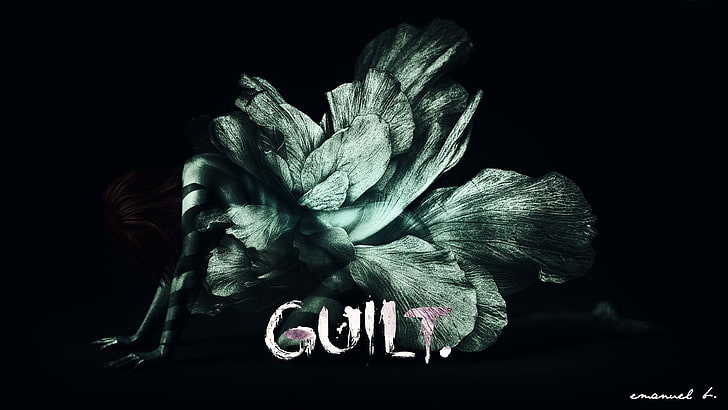 white petaled flower with guilt text overlay, quote, digital art, dark, typography, Emanuelb, HD wallpaper