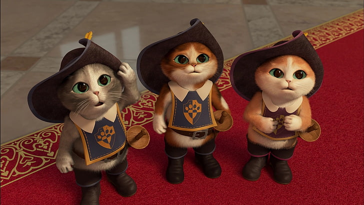 orange and white kittens illustration, cats, cartoon, tale, boots, kittens, green eyes, hats, short film, swords, the Musketeers, Puss in Boots: The Three Diablos, Puss in boots: Three imp, HD wallpaper