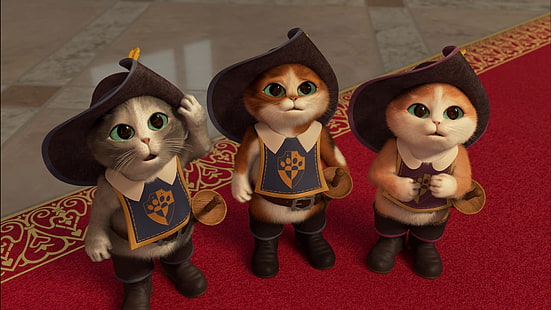 orange and white kittens illustration, cats, cartoon, tale, boots, kittens, green eyes, hats, short film, swords, the Musketeers, Puss in Boots: The Three Diablos, Puss in boots: Three imp, HD wallpaper HD wallpaper