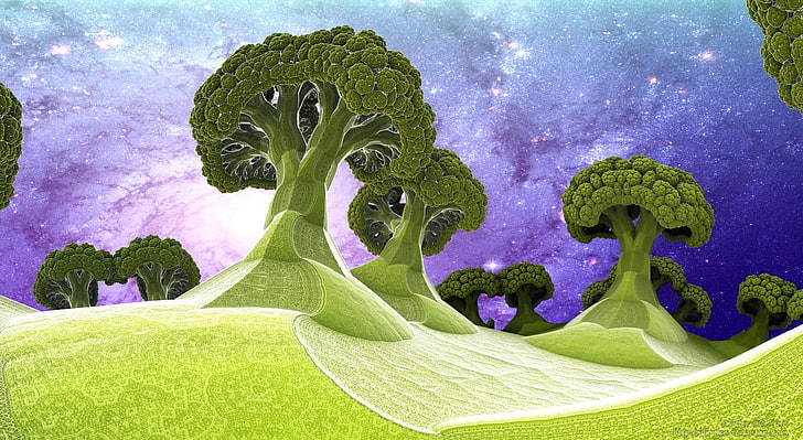 Broccoli Planet 3D, green broccoli plants illustration, Artistic, 3D, digital, fractal, fractals, art, mandelbulb, mandelbulb3d, 1920x1080, space, digital art, purple, broccoli, tree, trees, green, landscape, HD wallpaper