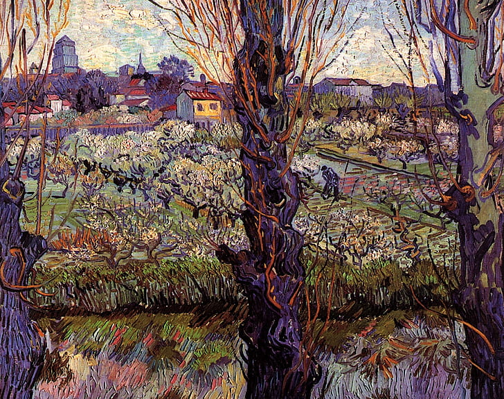 Vincent van Gogh, Kebun di Blossom, dengan Pemandangan Arles, Wallpaper HD