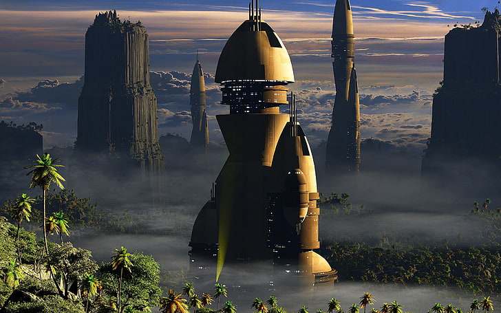 photo de science-fiction de vaisseau spatial brun, art fantastique, Fond d'écran HD