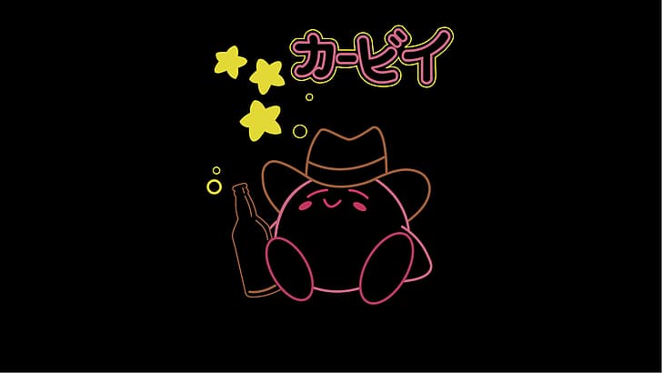 Kirby, beer, cowboy hats, video games, video game characters, Nintendo, vector, Vector trace, black background, smiling, HD wallpaper