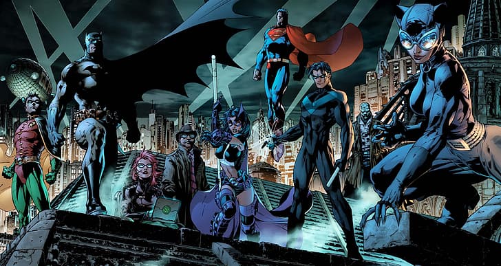 фэнтези, Бэтмен, комиксы, Робин, Супермен, супергерой, супергерои, костюм, DC Comics, Женщина-кошка, Batman hush, HD обои