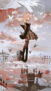 anime, anime girls, Death Note, Misa Amane, loira, reflexão, Yagami Light, Ryuk, borboletas, borboleta, Qtonagi, vertical, HD papel de parede HD wallpaper
