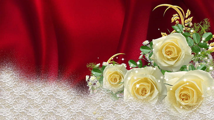Yellow Roses On Red Satin, luxurious, flowers, silk, white lace, gold, rich,  HD wallpaper | Wallpaperbetter