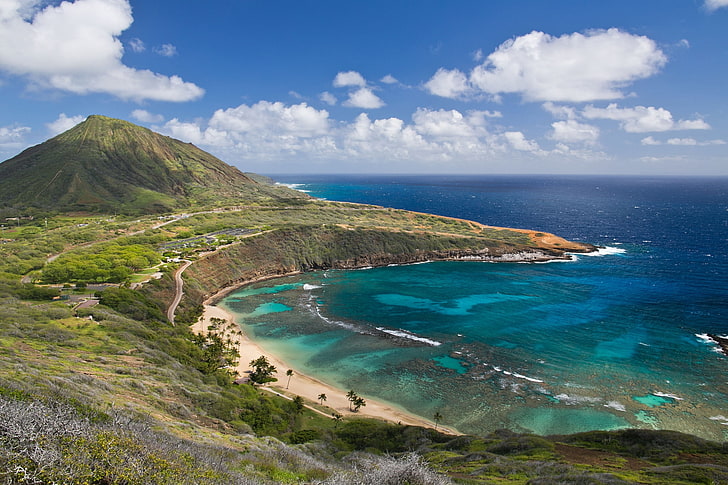 물과 산의 몸, hanauma 베이, 오아후 섬, 하와이, 오아후 섬, 하와이, 산, 해안, 풍경, HD 배경 화면