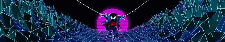 Spider-Man, into the spiderverse, neon, wide angle, multiple display, 3D Abstract, HD wallpaper