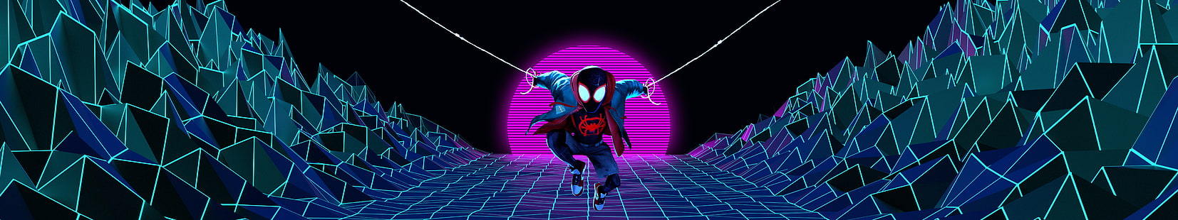 Spider-Man, en la araña, neón, gran angular, pantalla múltiple, 3D Resumen, Fondo de pantalla HD HD wallpaper