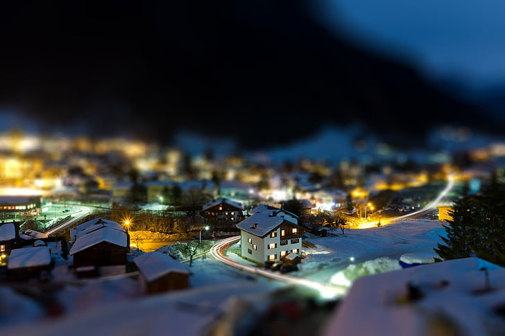 miniature house scale models, white house under snow, architecture, house, tilt shift, town, trees, nature, winter, snow, night, lights, road, street, mountains, rooftops, long exposure, light trails, HD wallpaper