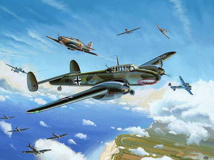 brown monoplane painting, war, art, painting, Hurricane, drawing, ww2, He 111, dogfight, bf 110, battle of britain, dover, HD wallpaper