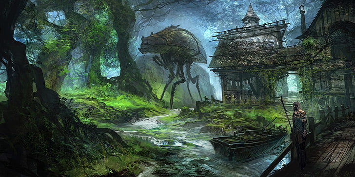 artwork, boat, Concept Art, drawing, fantasy Art, Feng Zhu, forest, river, roots, The Elder Scrolls III: Morrowind, Trees, video games, HD wallpaper