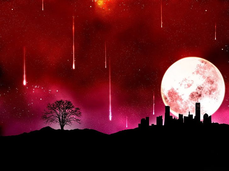 illustration de la pleine lune, rouge, étoiles filantes, art numérique, paysage urbain, lune, Fond d'écran HD