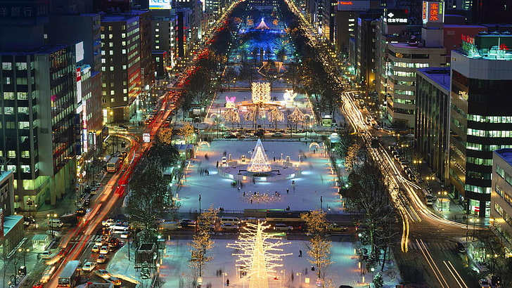 noc, światła, święto, Japonia, Nowy Rok, Sapporo, Park Odori, wyspa Hokkaido, Tapety HD