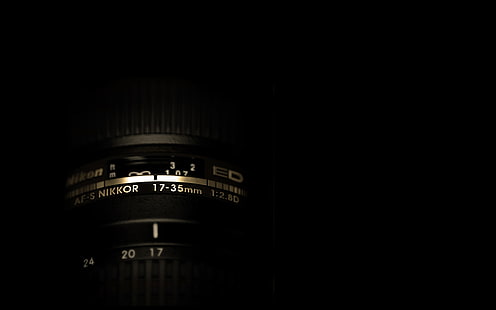 Siyah Nikon kamera objektifi, kamera, objektif, siyah arka plan, karanlık, HD masaüstü duvar kağıdı HD wallpaper