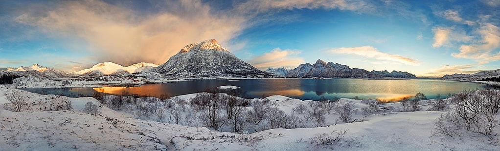 kış, Lofoten, Norveç, dağlar, kar, fiyort, manzaralar, doğa, köyler, manzara, HD masaüstü duvar kağıdı HD wallpaper