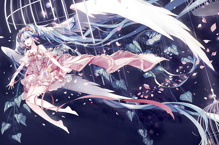 Vocaloid, Hatsune Miku, Flower Petals, Flying, Anime, female anime character in blue hair with white wings, vocaloid, hatsune miku, flower petals, flying, HD wallpaper